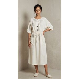Zara TRF Collection Ecru Linen Blend Midi Dress Button Front Pockets Boho Size M